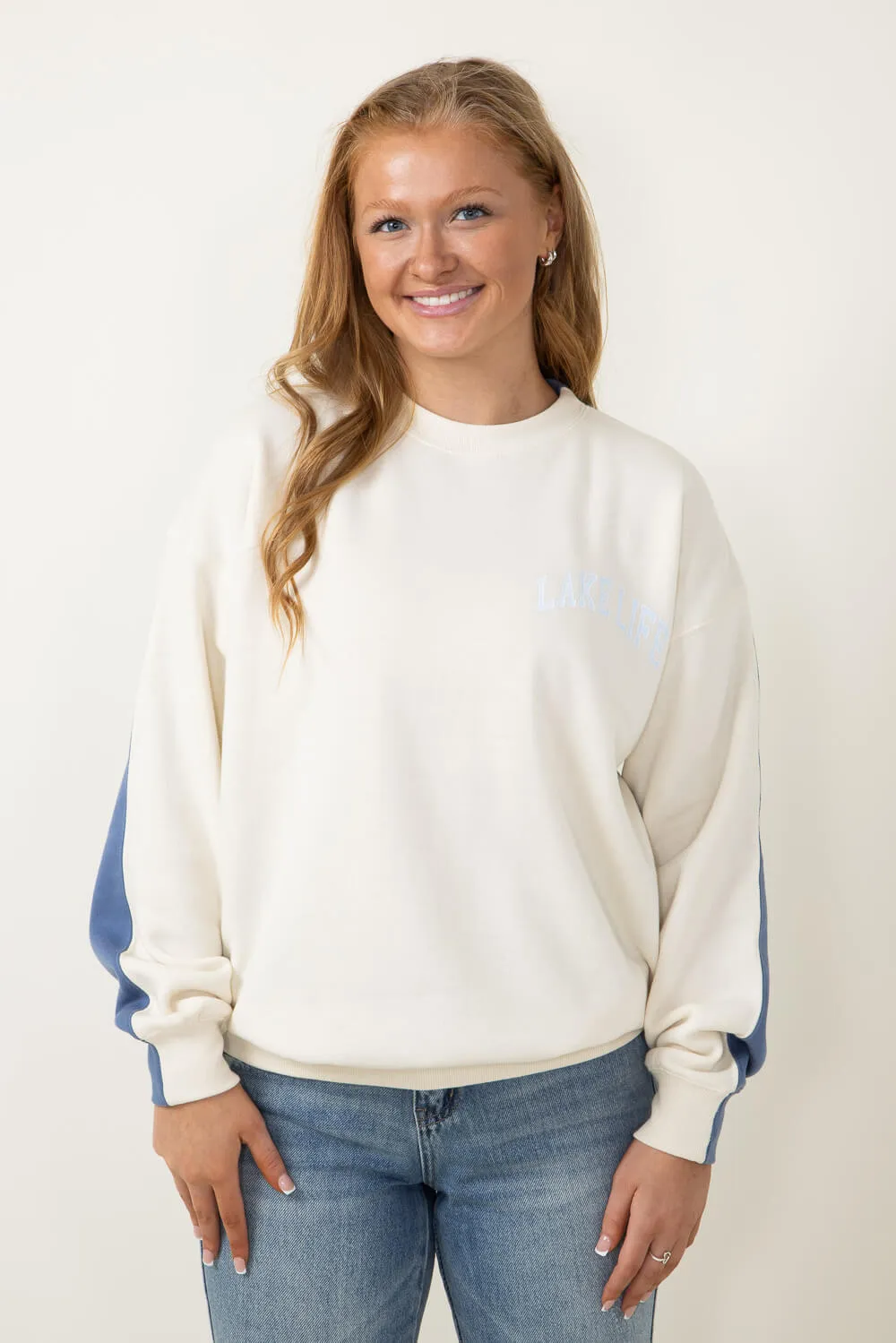 1897 Active Michigan Lake Life Fleece Sweatshirt for Women in Cream/Blue | GT878-CREAM/BLUE