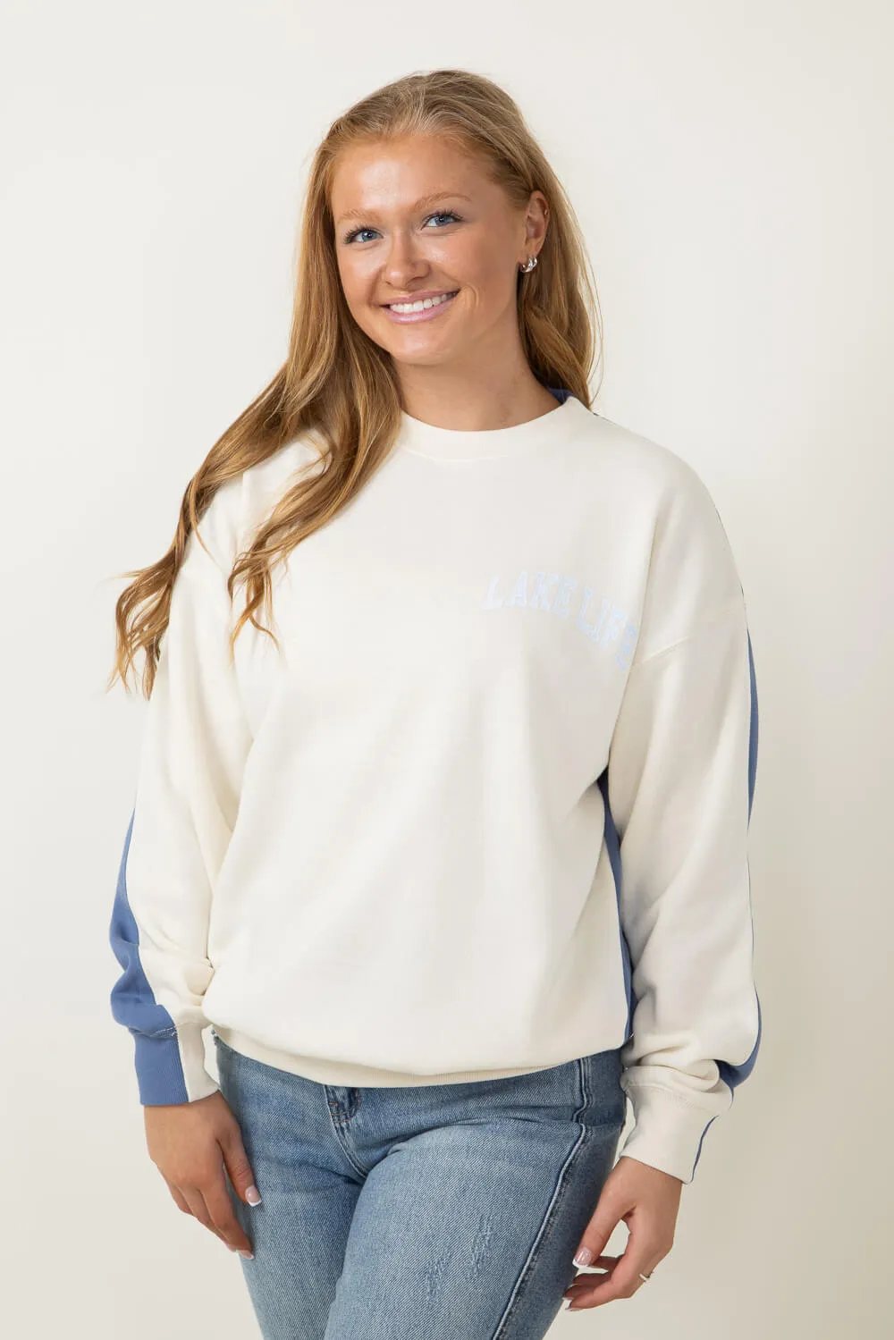 1897 Active Michigan Lake Life Fleece Sweatshirt for Women in Cream/Blue | GT878-CREAM/BLUE