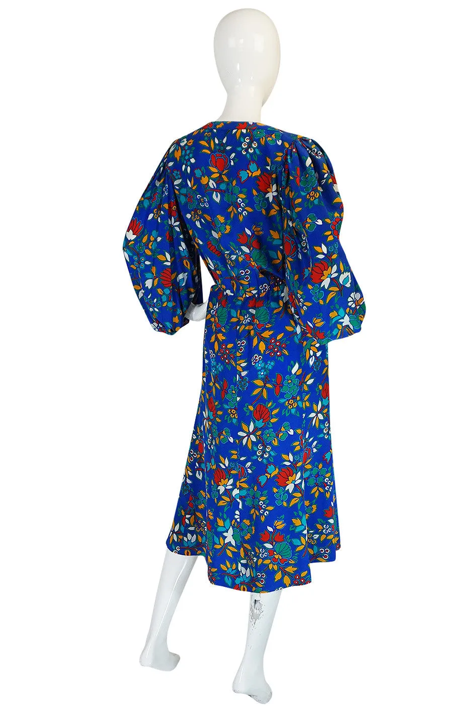 1980s Yves Saint Laurent Bright Floral Print Blue Silk Dress