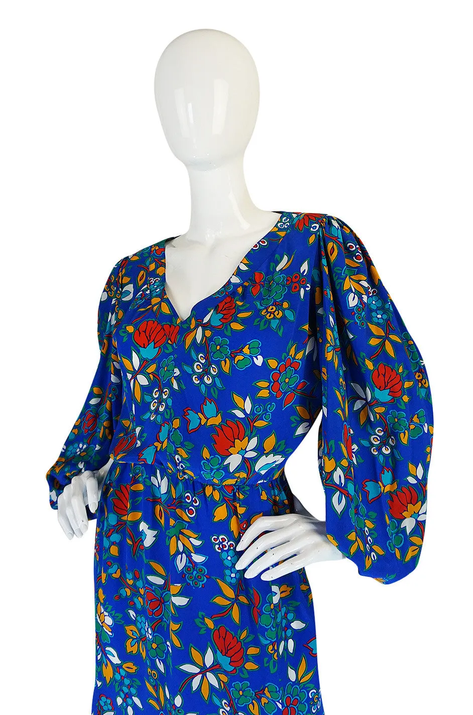 1980s Yves Saint Laurent Bright Floral Print Blue Silk Dress