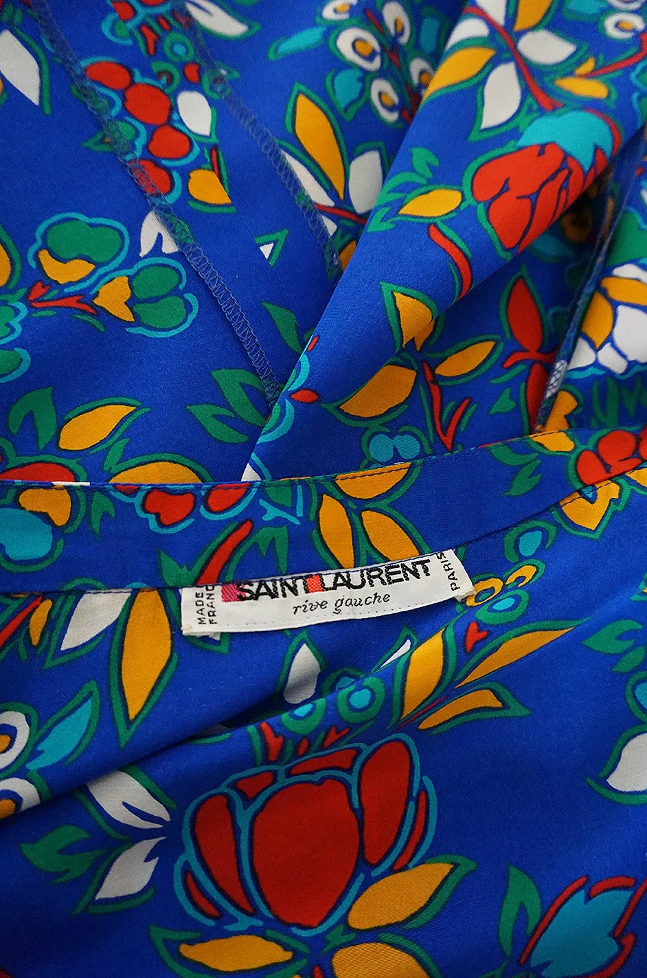 1980s Yves Saint Laurent Bright Floral Print Blue Silk Dress