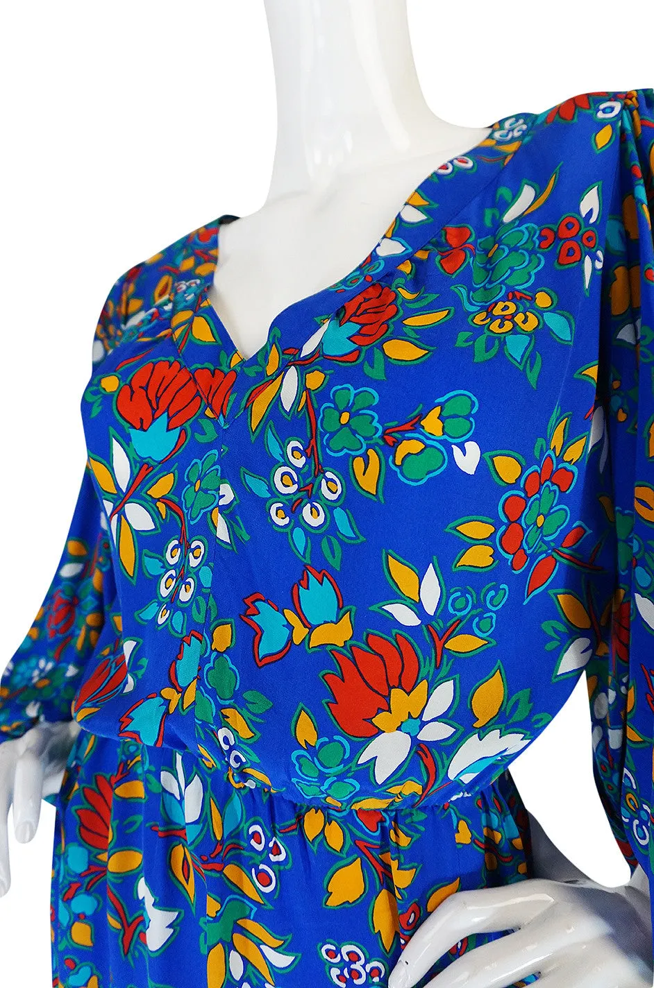 1980s Yves Saint Laurent Bright Floral Print Blue Silk Dress