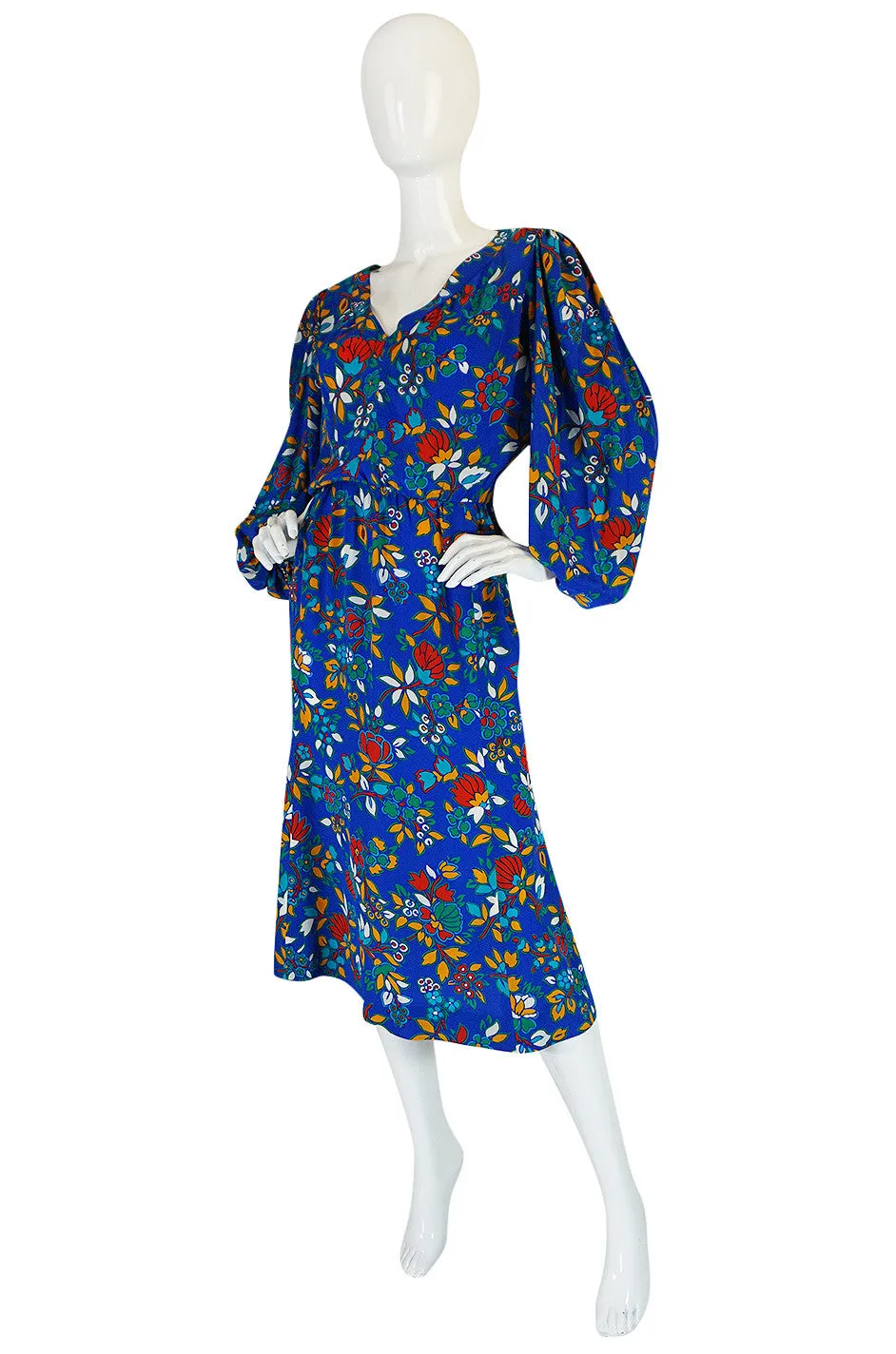 1980s Yves Saint Laurent Bright Floral Print Blue Silk Dress