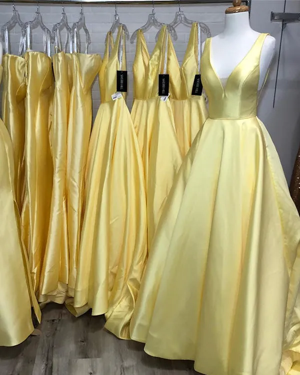 2019 Elegant Yellow Satin Prom Dresses with V-Neck Long Prom Gowns for Party