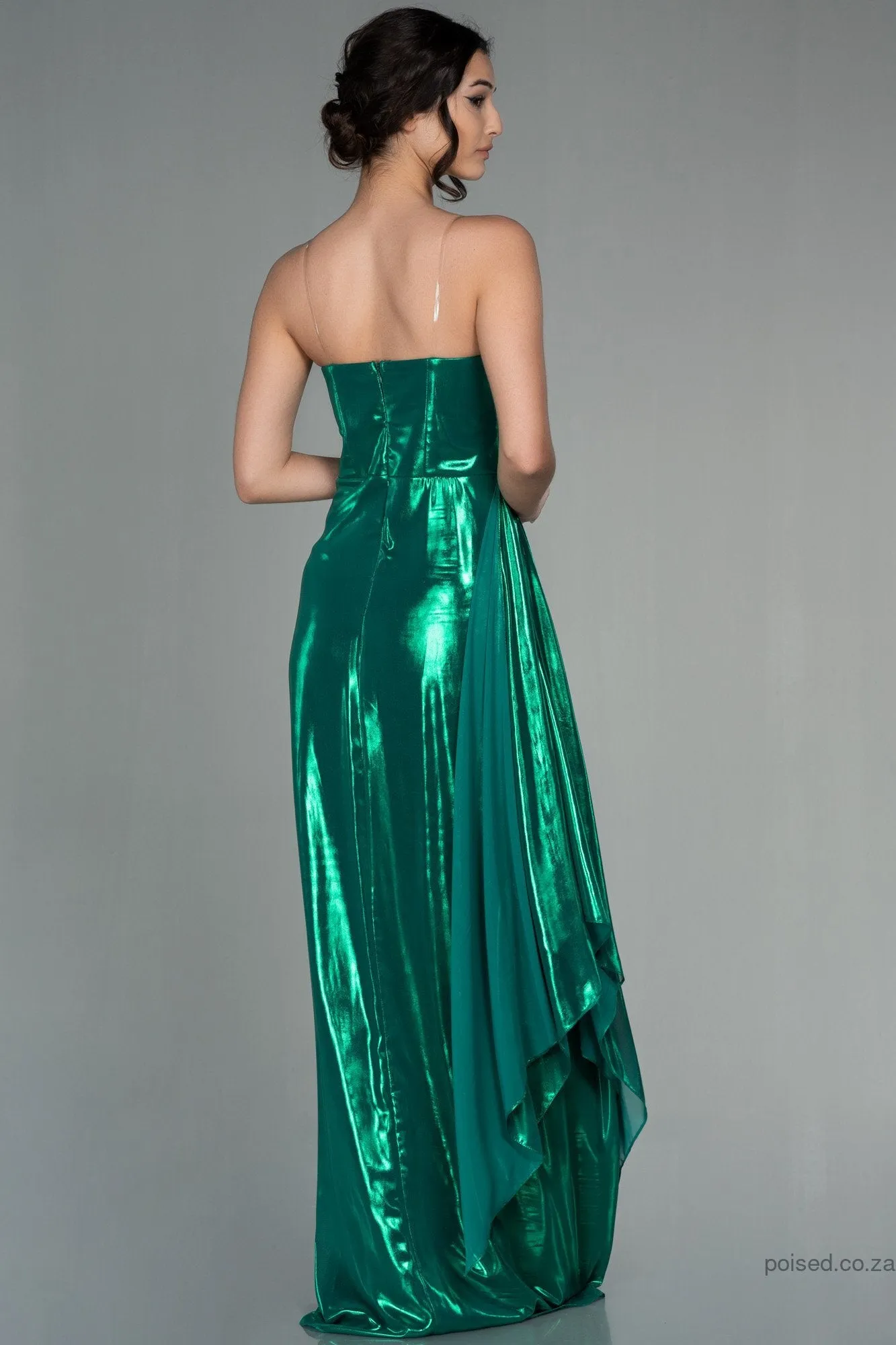29981 Emerald Green Draped Wet Look Slit Dress