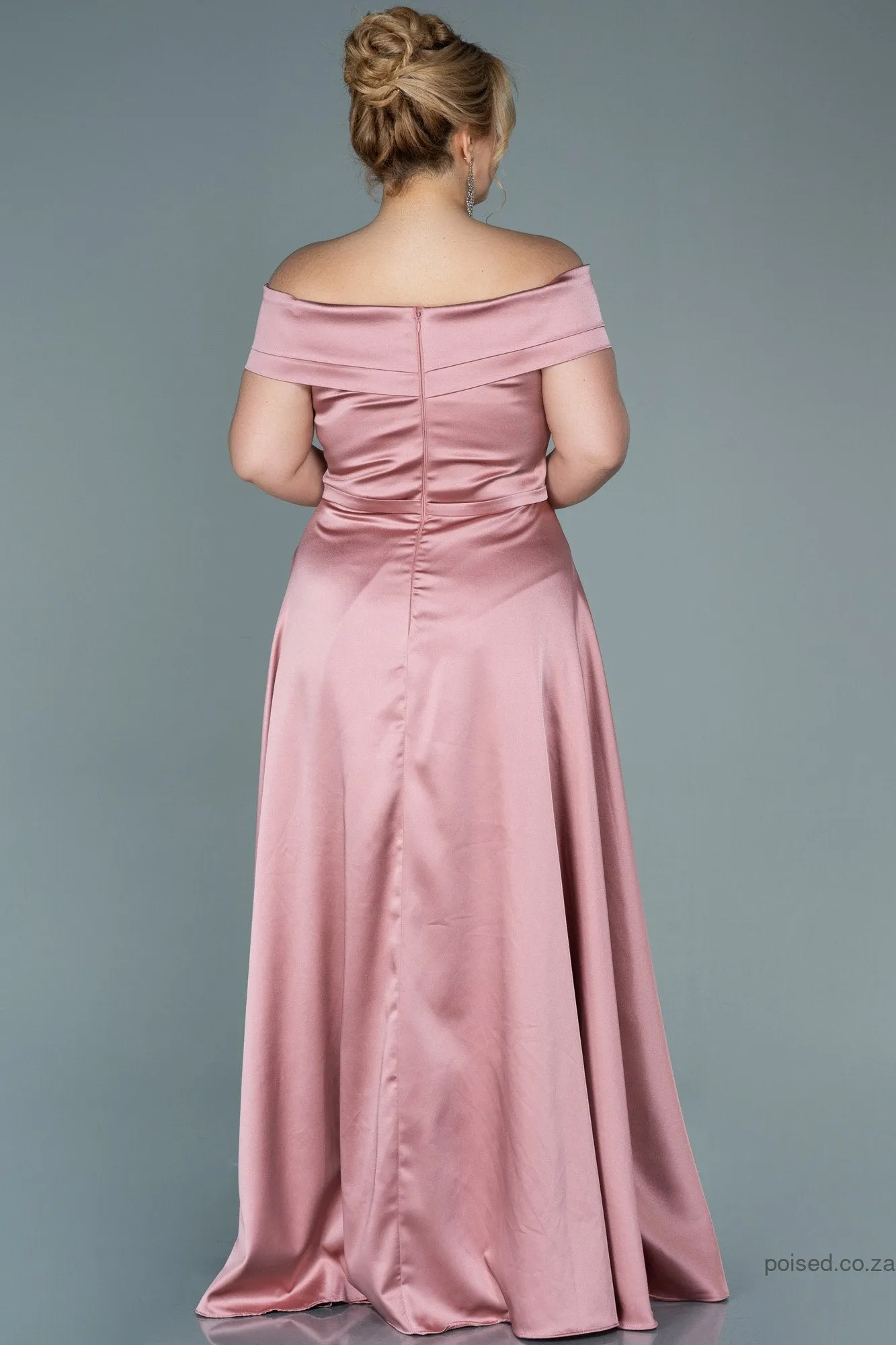 30016 Dusty Pink Off-Shoulder Slit Satin Dress