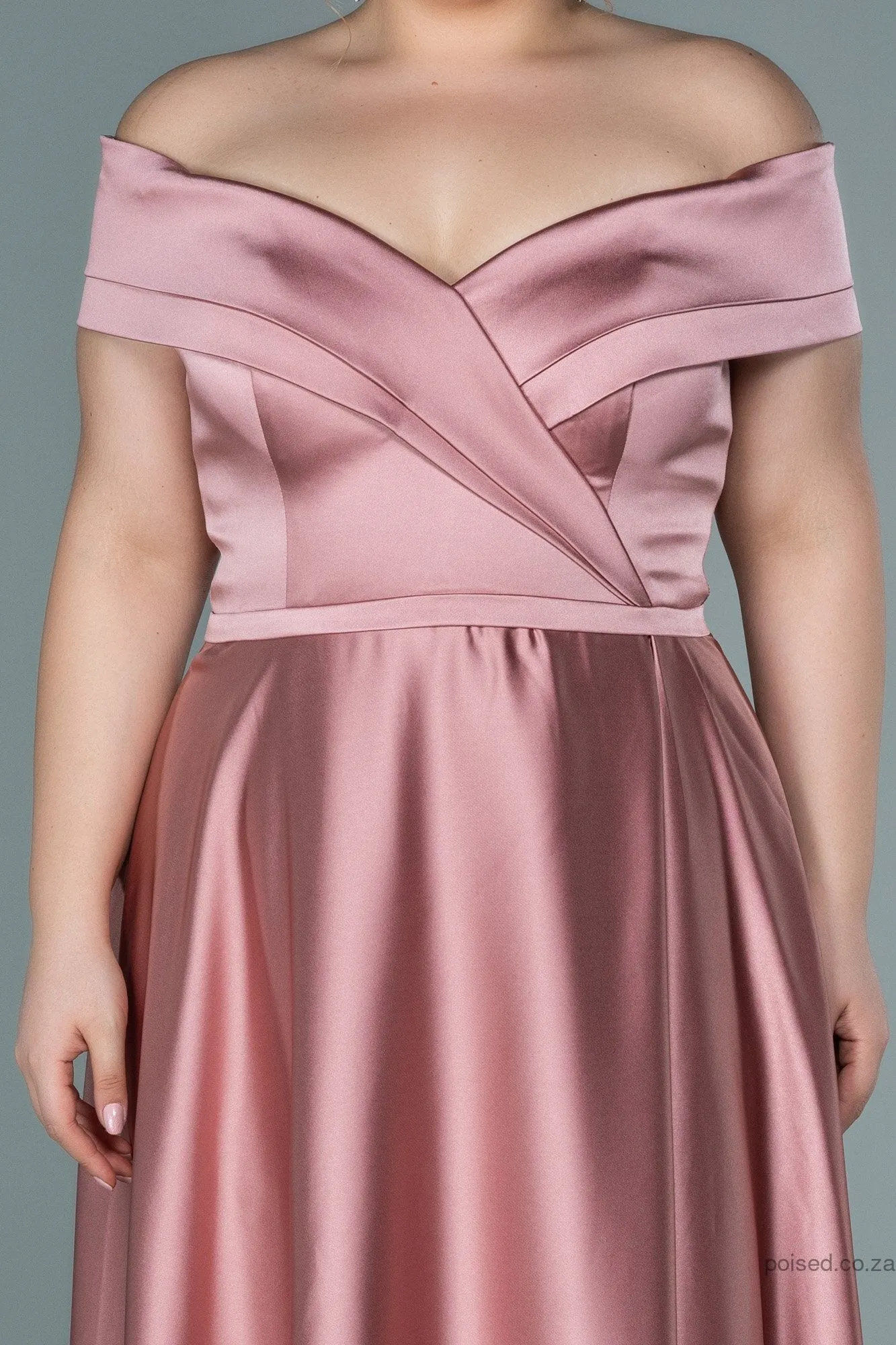 30016 Dusty Pink Off-Shoulder Slit Satin Dress