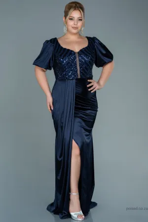 30022 Navy Blue Sequins Draped Slit Satin Dress