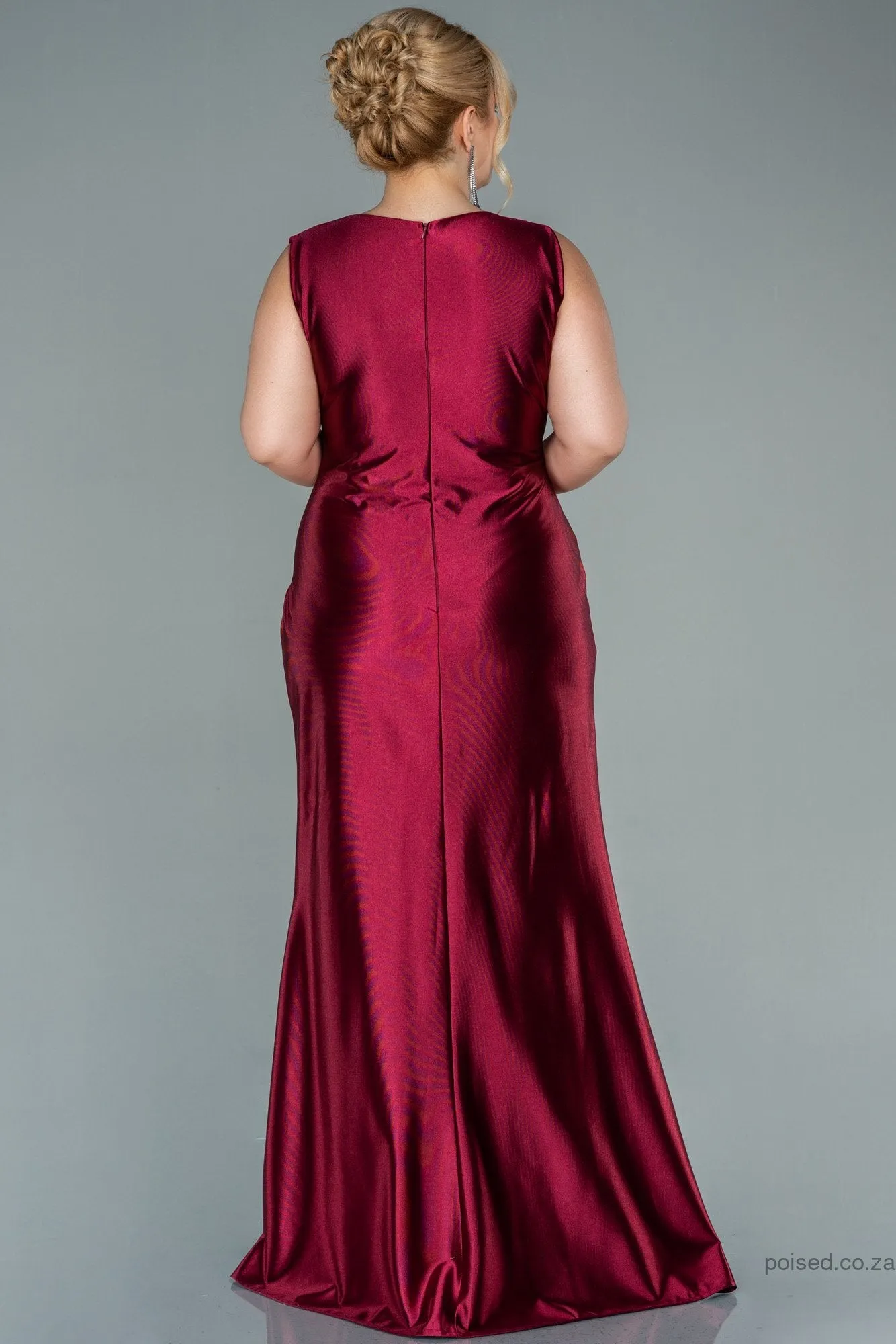 30039 Wine Red Draped Satin Dress