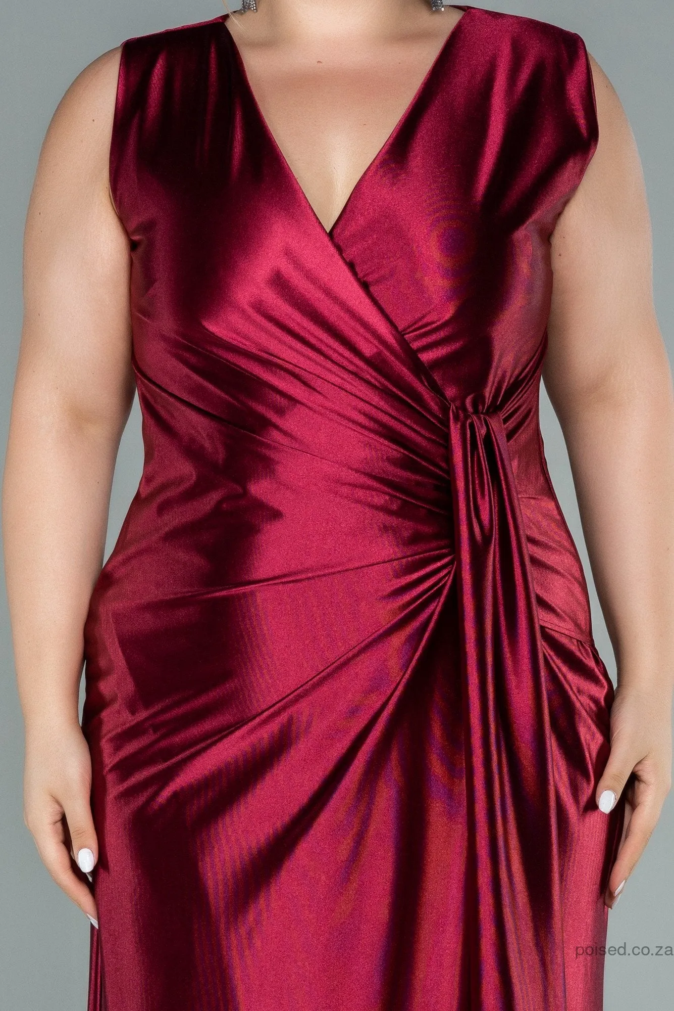 30039 Wine Red Draped Satin Dress