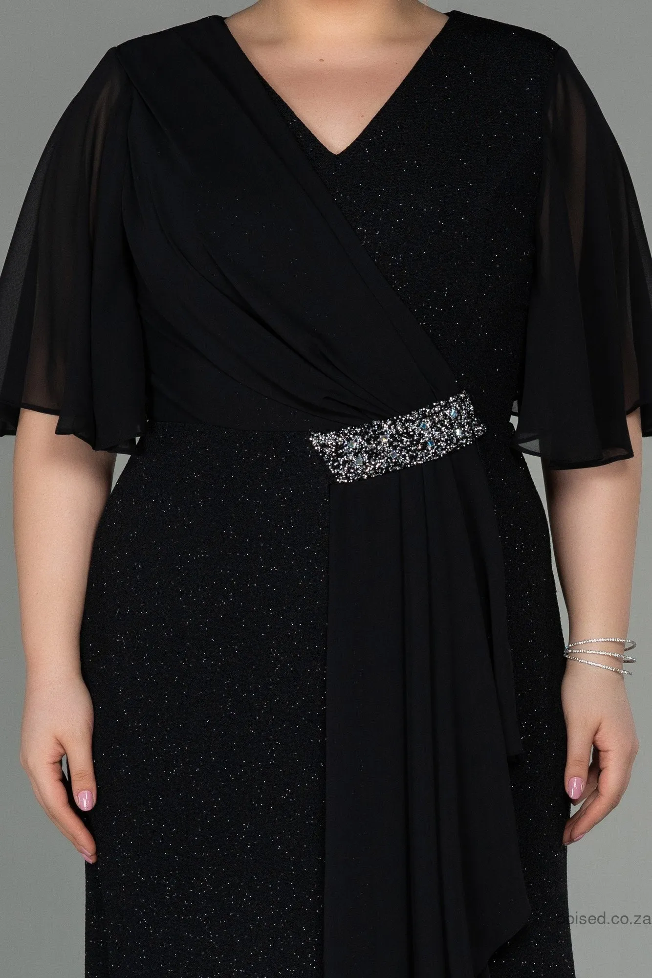 30050 Black Draped Chiffon Detail Shimmer Dress