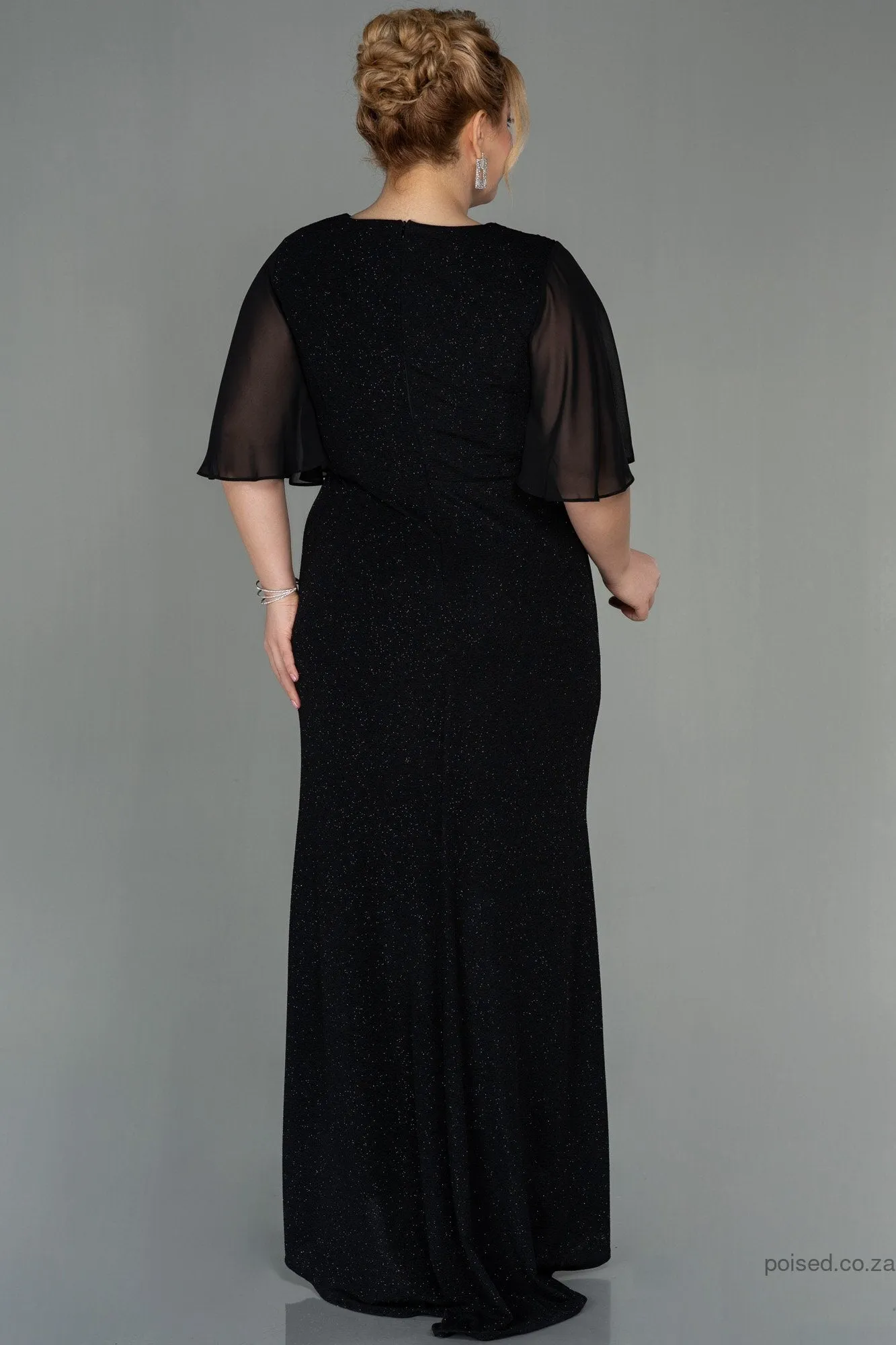 30050 Black Draped Chiffon Detail Shimmer Dress