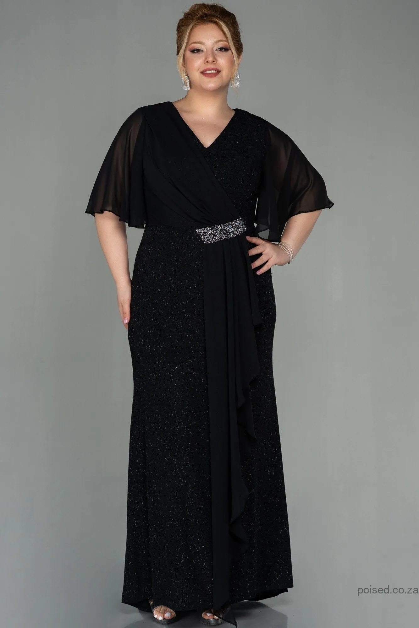 30050 Black Draped Chiffon Detail Shimmer Dress