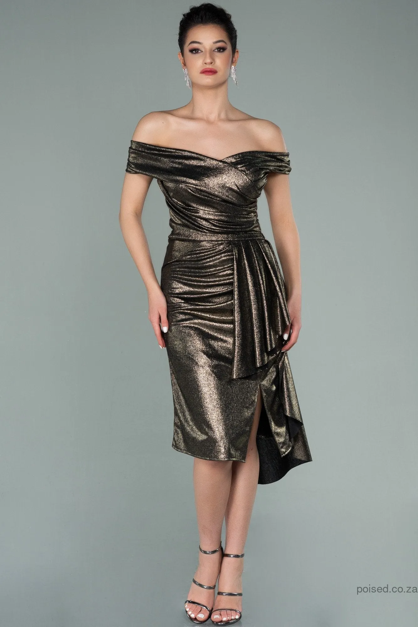 30098 Metallic Bronze Off-Shoulder Side Train Dress