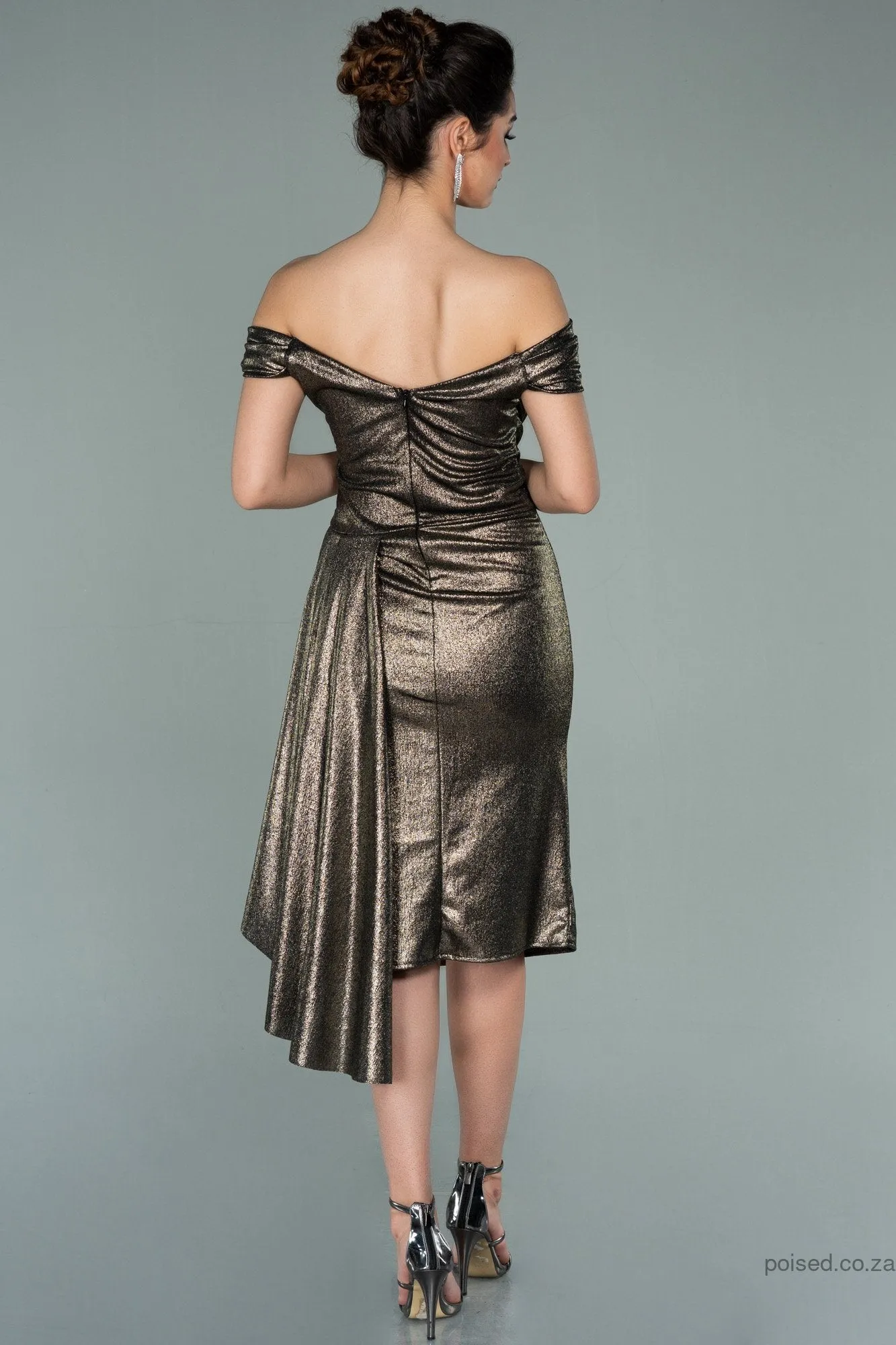 30098 Metallic Bronze Off-Shoulder Side Train Dress