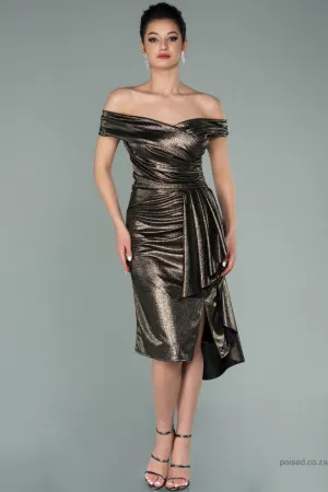 30098 Metallic Bronze Off-Shoulder Side Train Dress