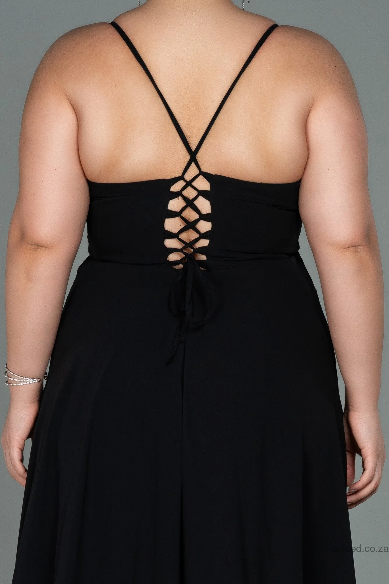 30198 Black Back Cross Strap Slit Chiffon Dress