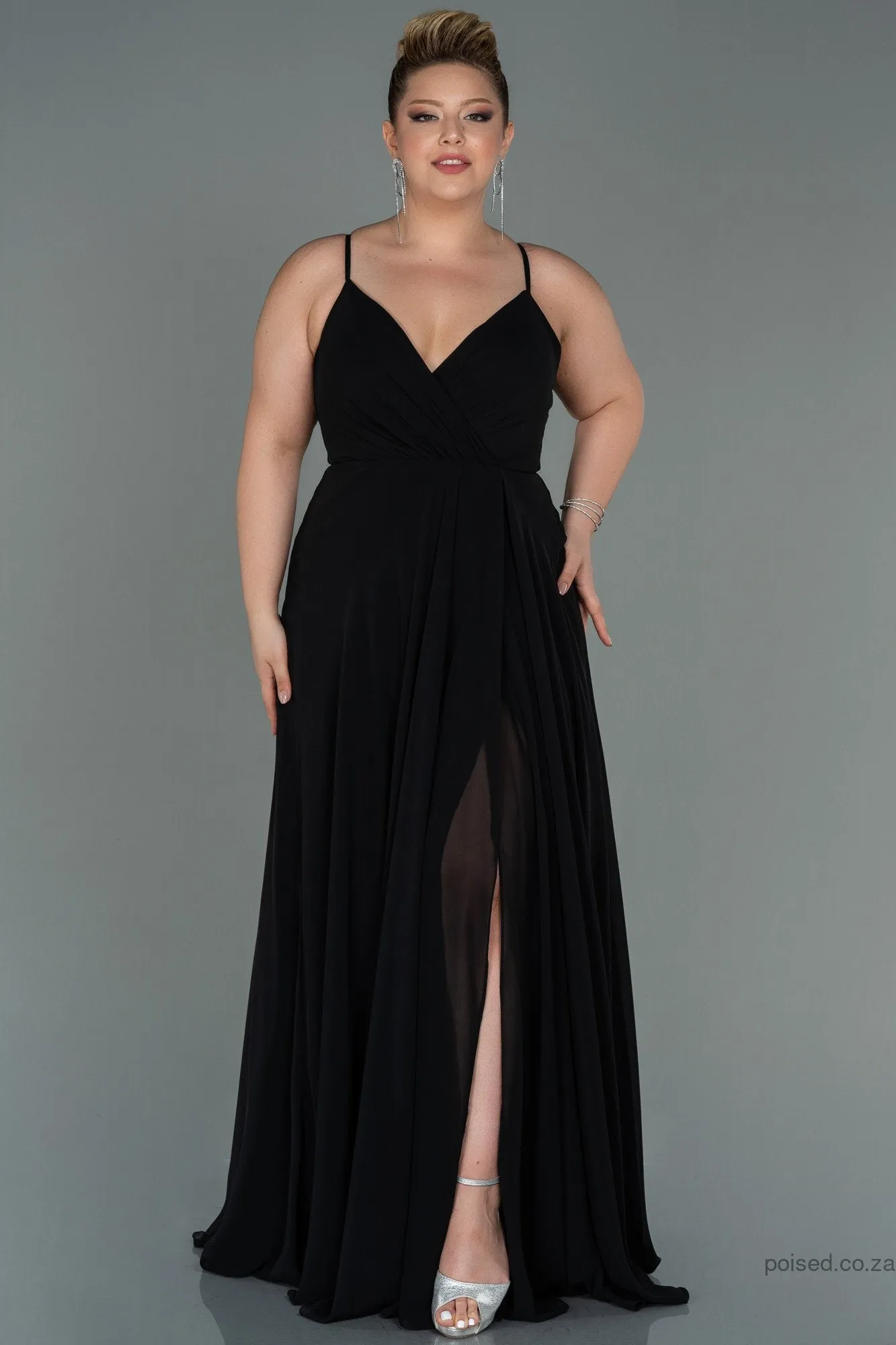 30198 Black Back Cross Strap Slit Chiffon Dress