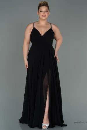 30198 Black Back Cross Strap Slit Chiffon Dress
