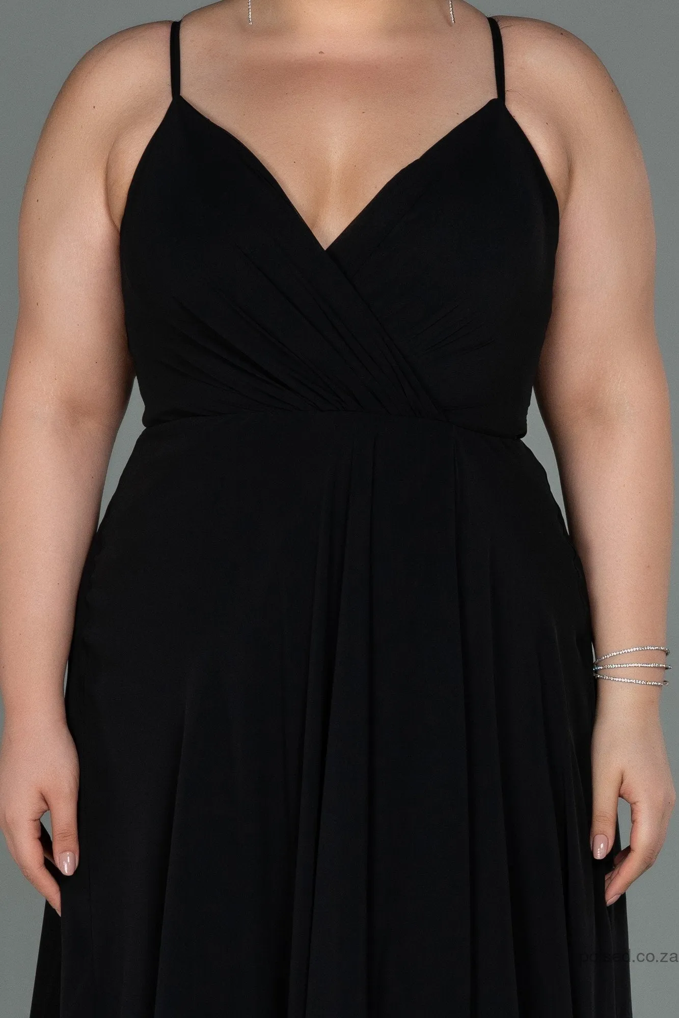 30198 Black Back Cross Strap Slit Chiffon Dress