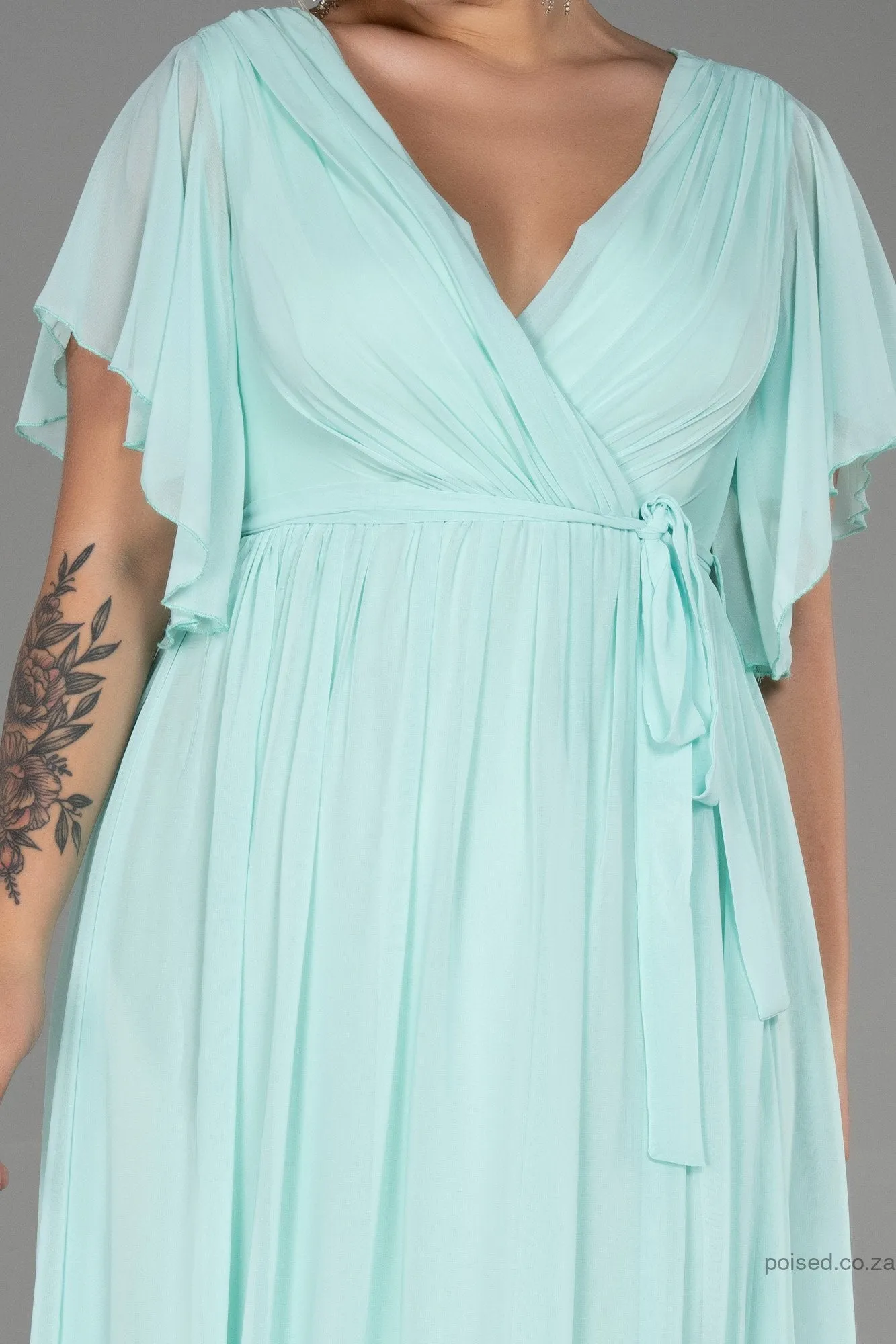 30237 Light Green Sheer Sleeve Empire Chiffon Dress