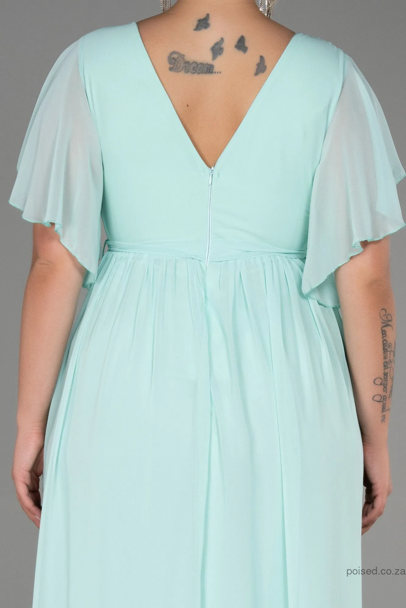 30237 Light Green Sheer Sleeve Empire Chiffon Dress