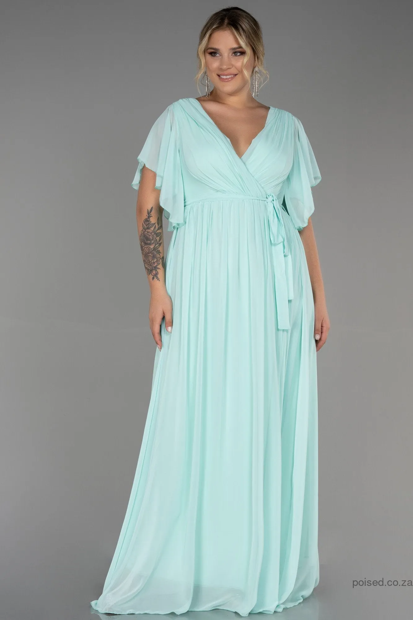 30237 Light Green Sheer Sleeve Empire Chiffon Dress