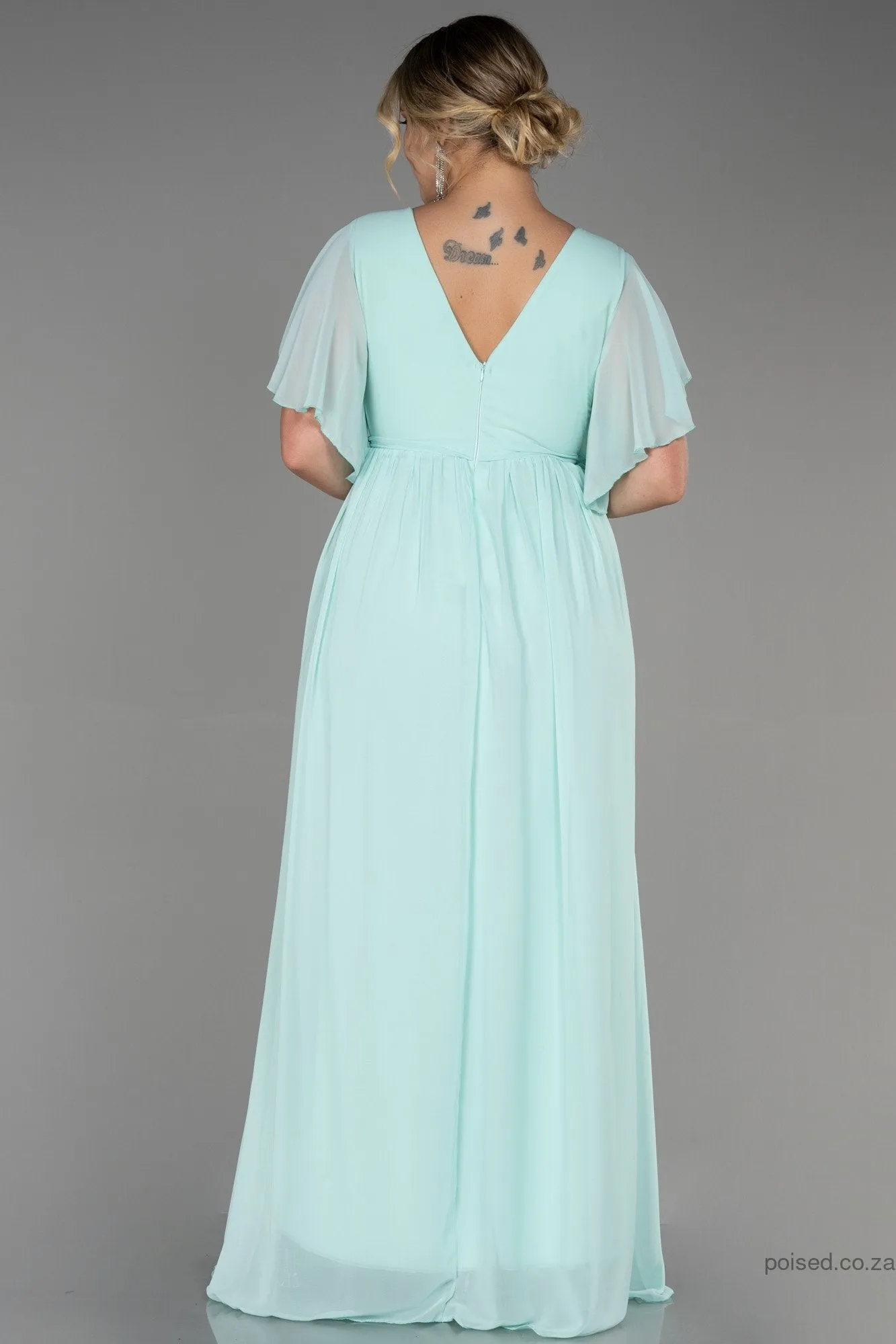 30237 Light Green Sheer Sleeve Empire Chiffon Dress