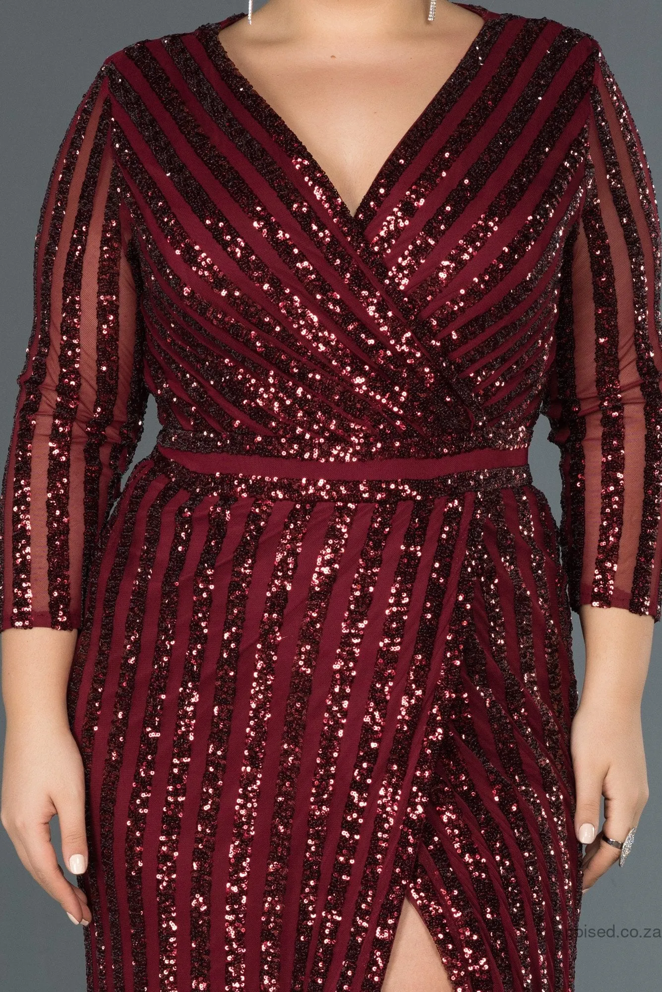 30261 Burgundy Sequins Slit Mermaid Dress