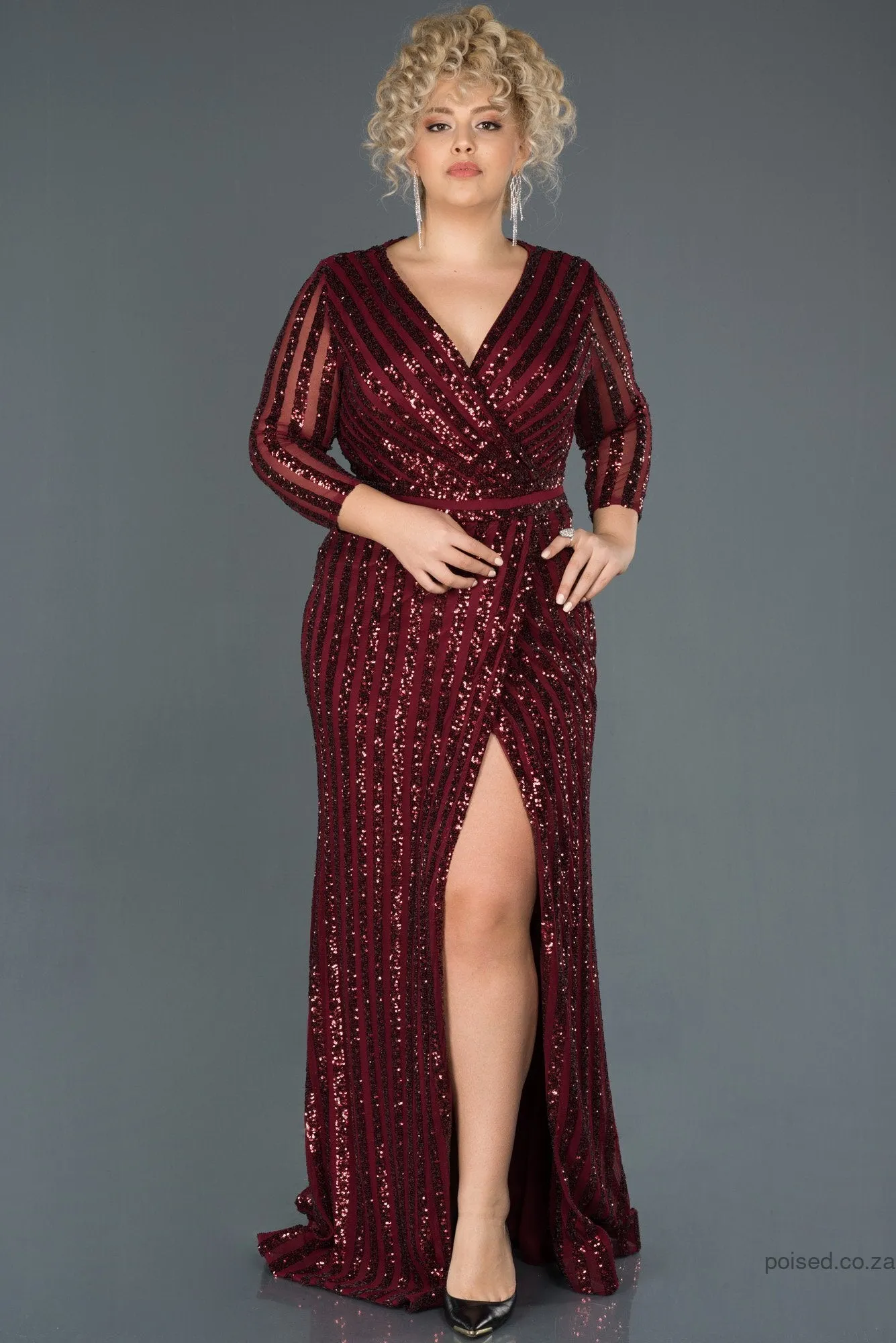 30261 Burgundy Sequins Slit Mermaid Dress