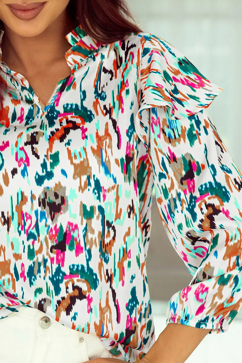3/4 Puff Sleeve Ruffle Blouse