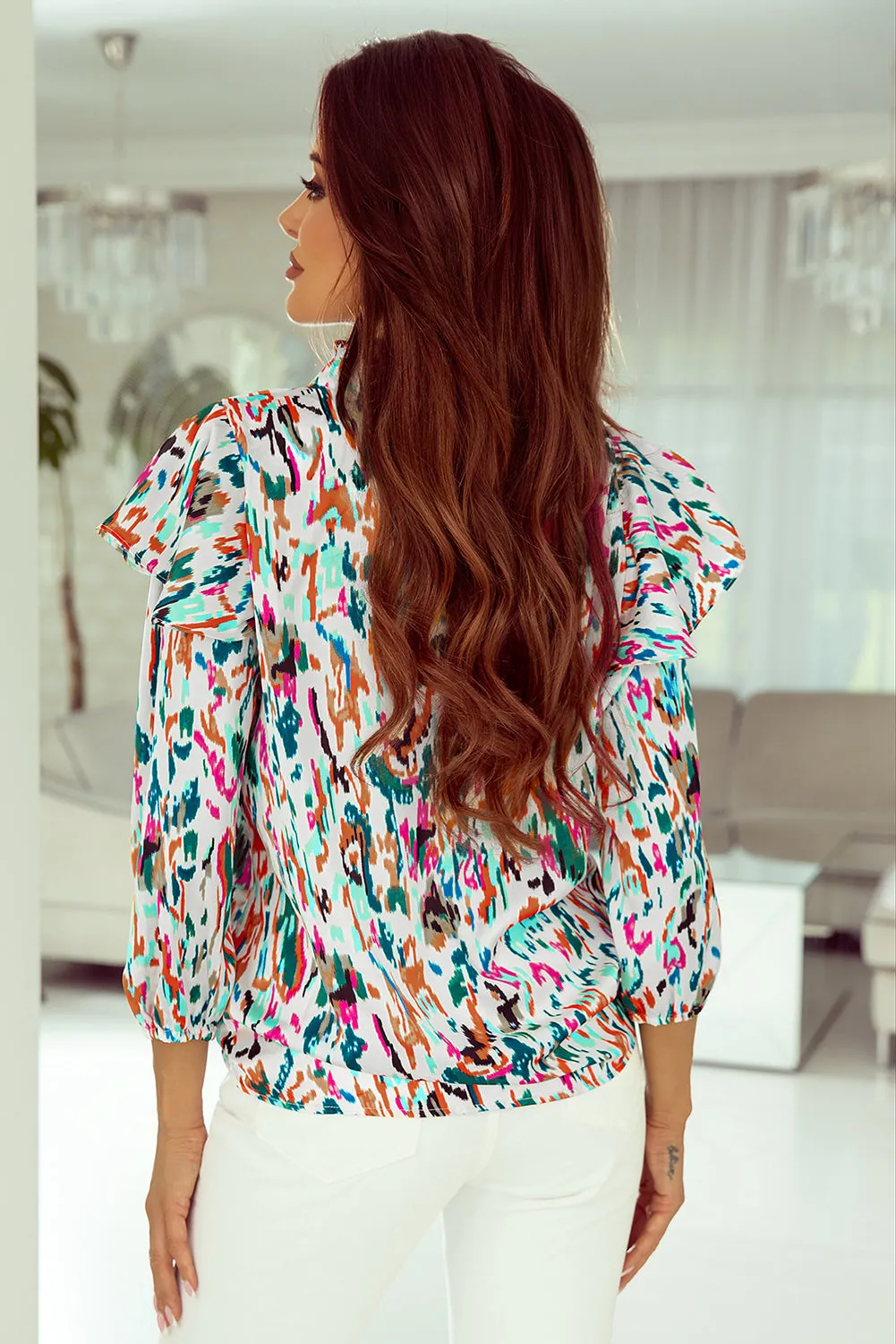 3/4 Puff Sleeve Ruffle Blouse