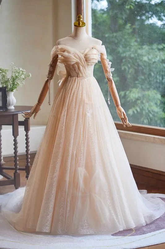 A Line Champagne Off the Shoulder Long Prom Dresses