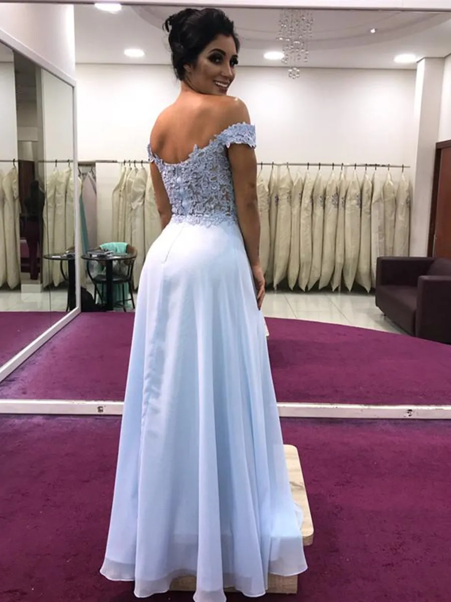 A Line Off Shoulder Lace Light Blue Prom Dresses, Off Shoulder Formal Dresses, Light Blue Evening Dresses