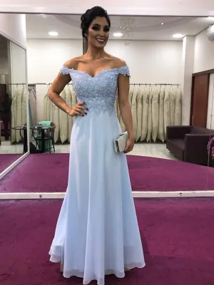 A Line Off Shoulder Lace Light Blue Prom Dresses, Off Shoulder Formal Dresses, Light Blue Evening Dresses