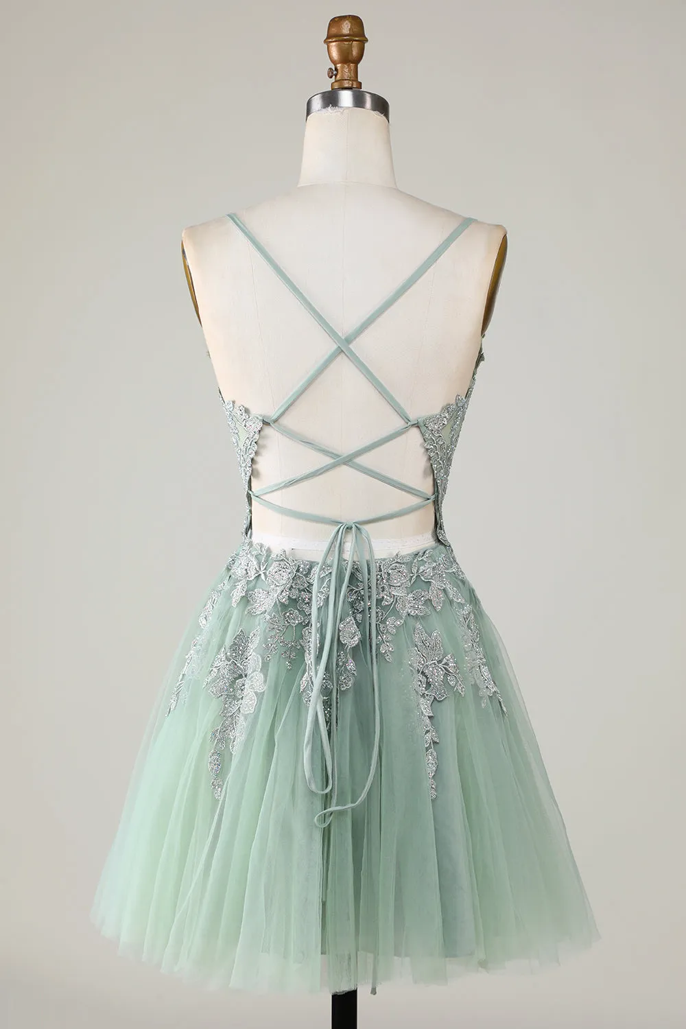 A Line Spaghetti Straps Grey Blue Short Homecoming Dress with Appliques
