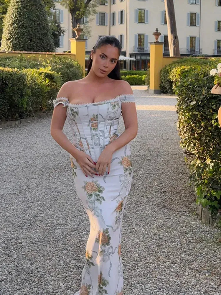 ADVBRIDGE  -  Elegant Off Shoulder Maxi Dresses Women Chic Floral Printed High Waist Gowns Fashion Lady Ruffled Sleeveless Party Vestidos