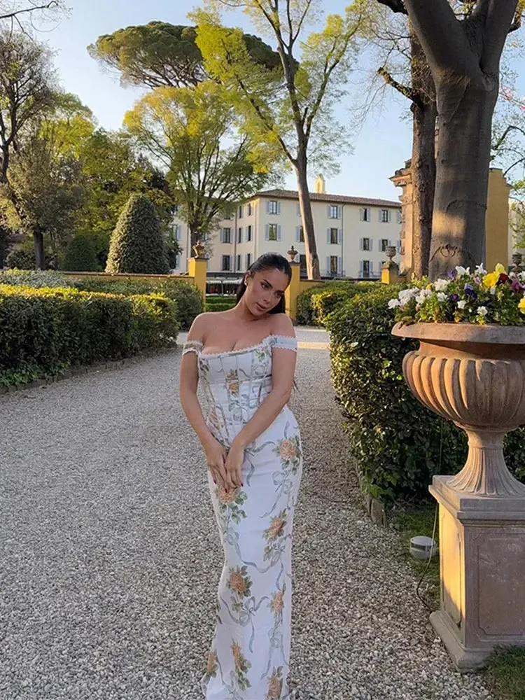 ADVBRIDGE  -  Elegant Off Shoulder Maxi Dresses Women Chic Floral Printed High Waist Gowns Fashion Lady Ruffled Sleeveless Party Vestidos
