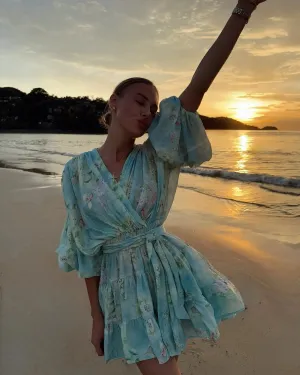 ADVBRIDGE  -  Sweet V Neck Printed Mini Dress Elegant Lace Up Long Sleeve Pleated Fluffy Gowns New Women's Summer Beach Vacation Vestidos 2025