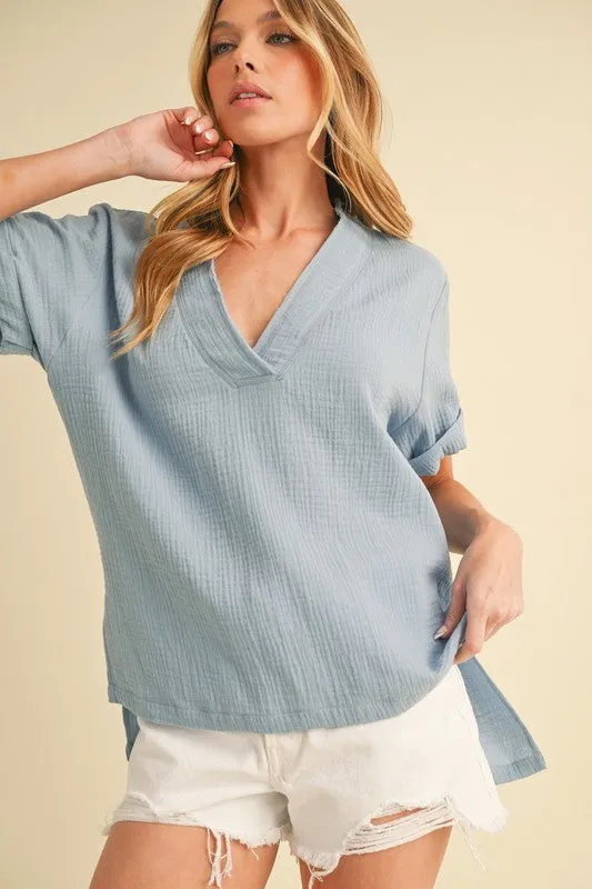 Aemi   Co Side Slit V-Neck Short Sleeve Blouse