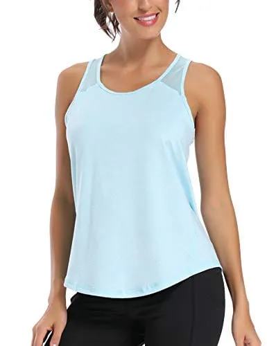 Aeuui Workout Tops for Women Mesh Racerback Tank Yoga Shirts Gym Clothes Light Blue