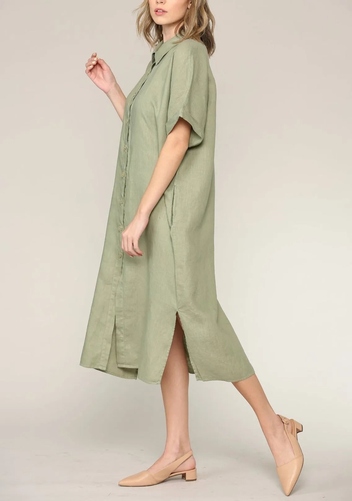 Alexa Linen Shirt Dress, Dusty Olive