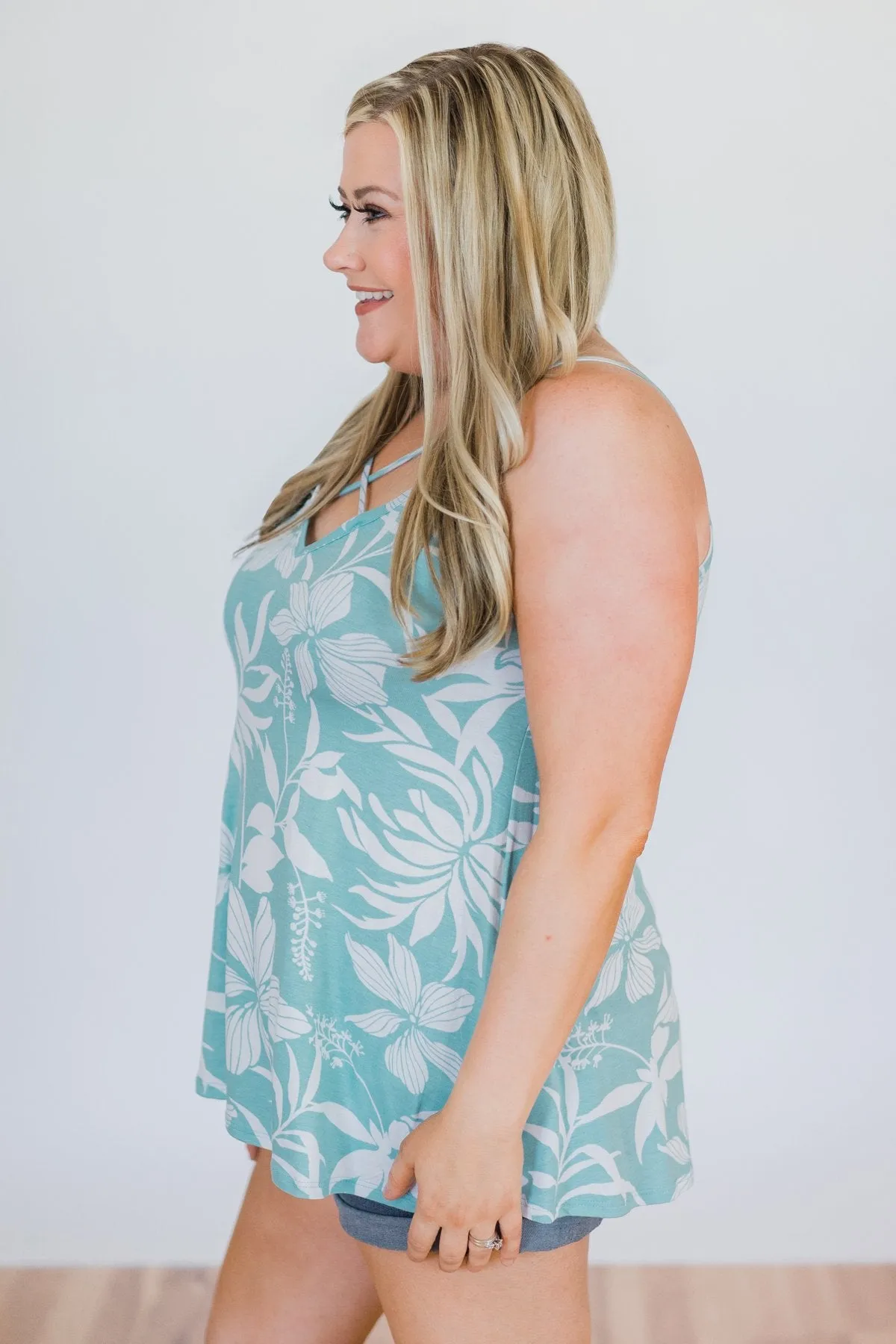 Aloha Floral Criss Cross Tank Top- Light Blue