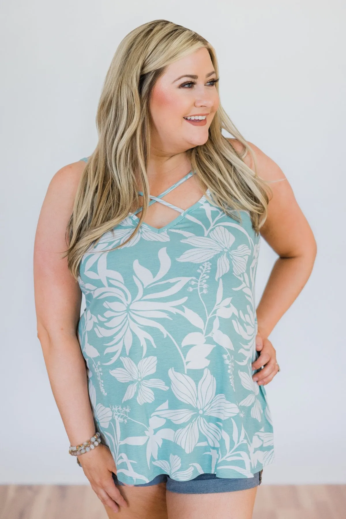 Aloha Floral Criss Cross Tank Top- Light Blue