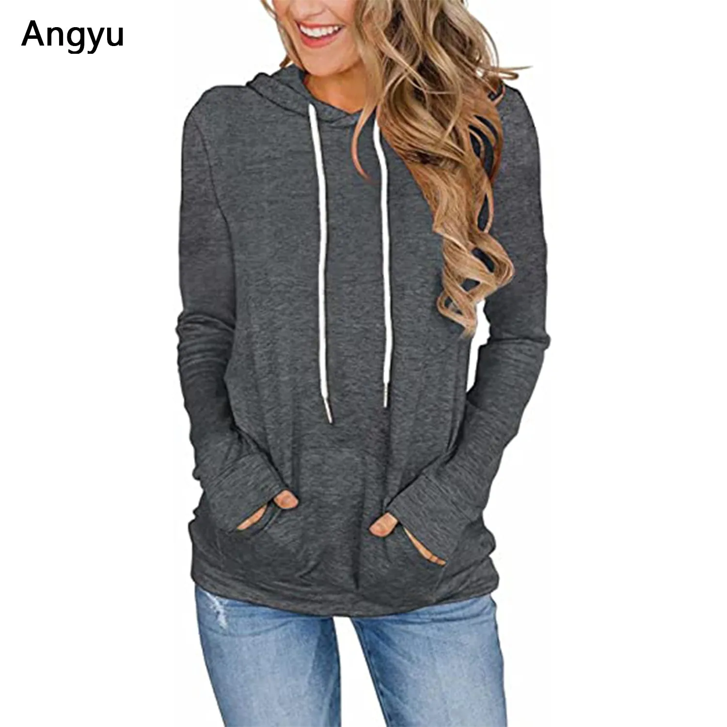 Angyu Women Hoodies Tops Long Sleeve Drawstring Pullover Sweatshirts with Pocket