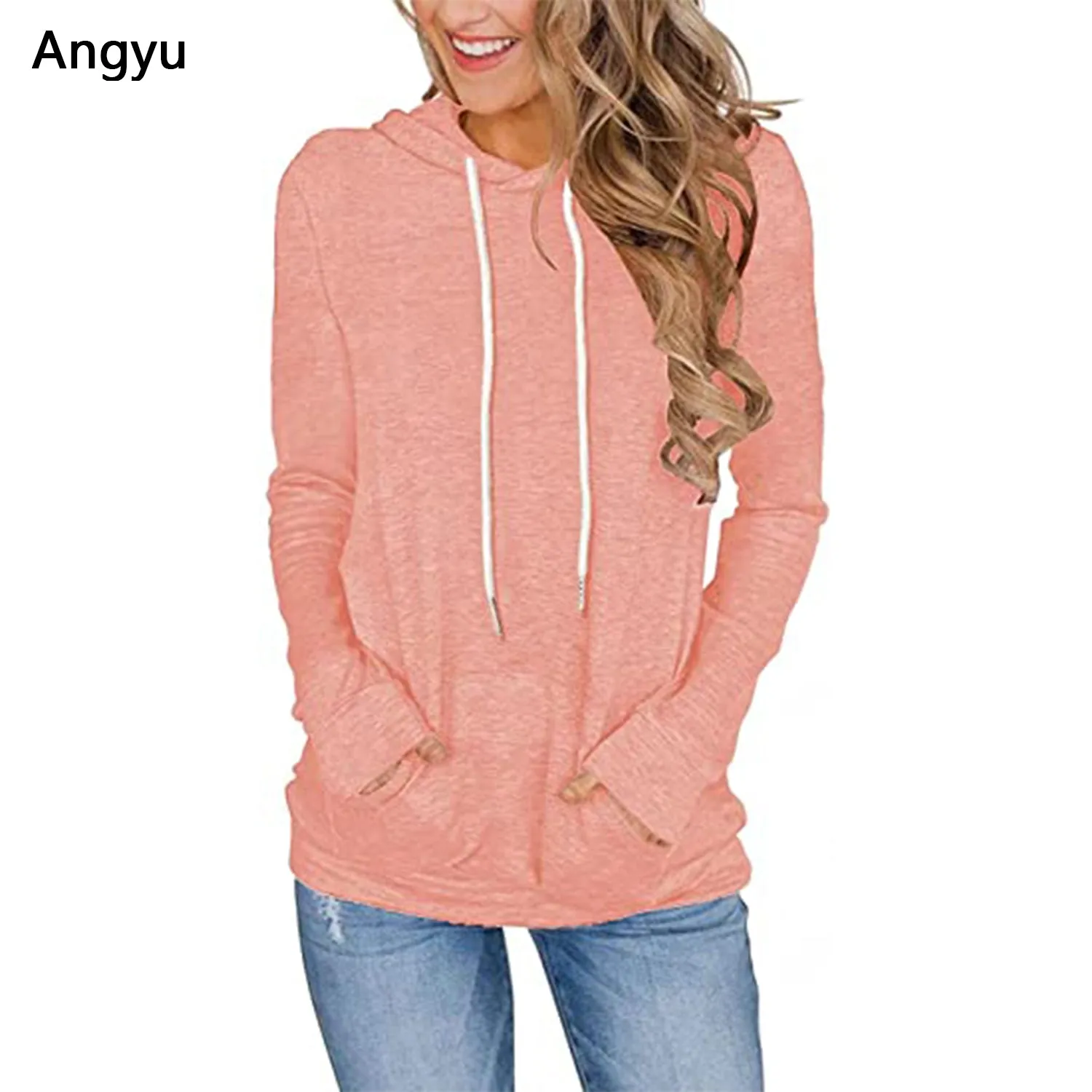 Angyu Women Hoodies Tops Long Sleeve Drawstring Pullover Sweatshirts with Pocket