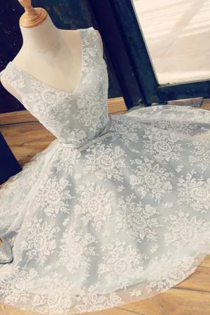 Anneprom A-Line V-Neck Backless Light Blue Lace Homecoming Dress With Belt APP0129