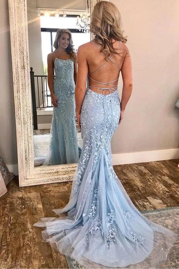 Anneprom Mermaid Spaghetti Straps Criss Cross Light Blue Lace Long Prom Dresses APP0004