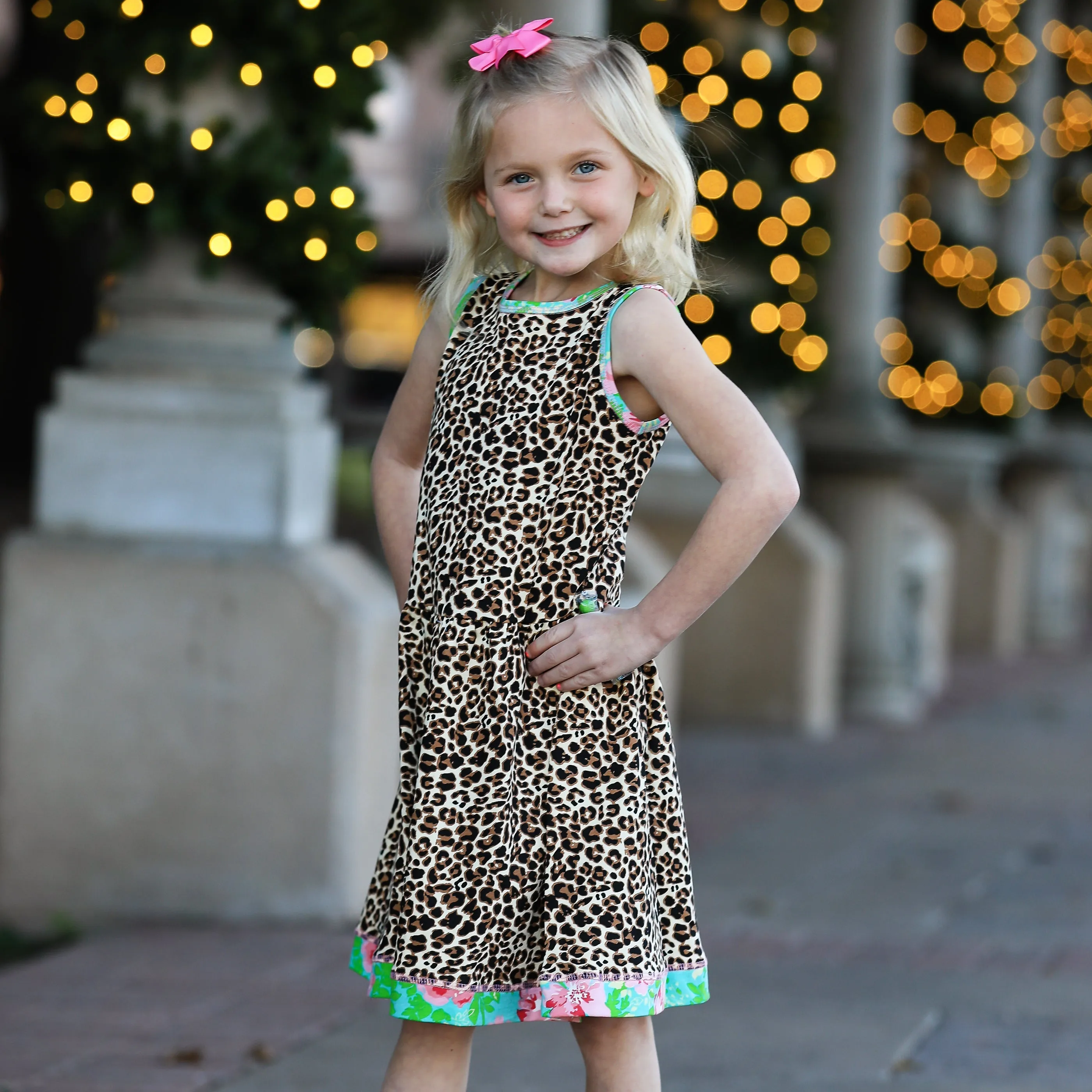 AnnLoren Little & Big Girls Spring Leopard Rose Floral Sleeveless Boutique Dress
