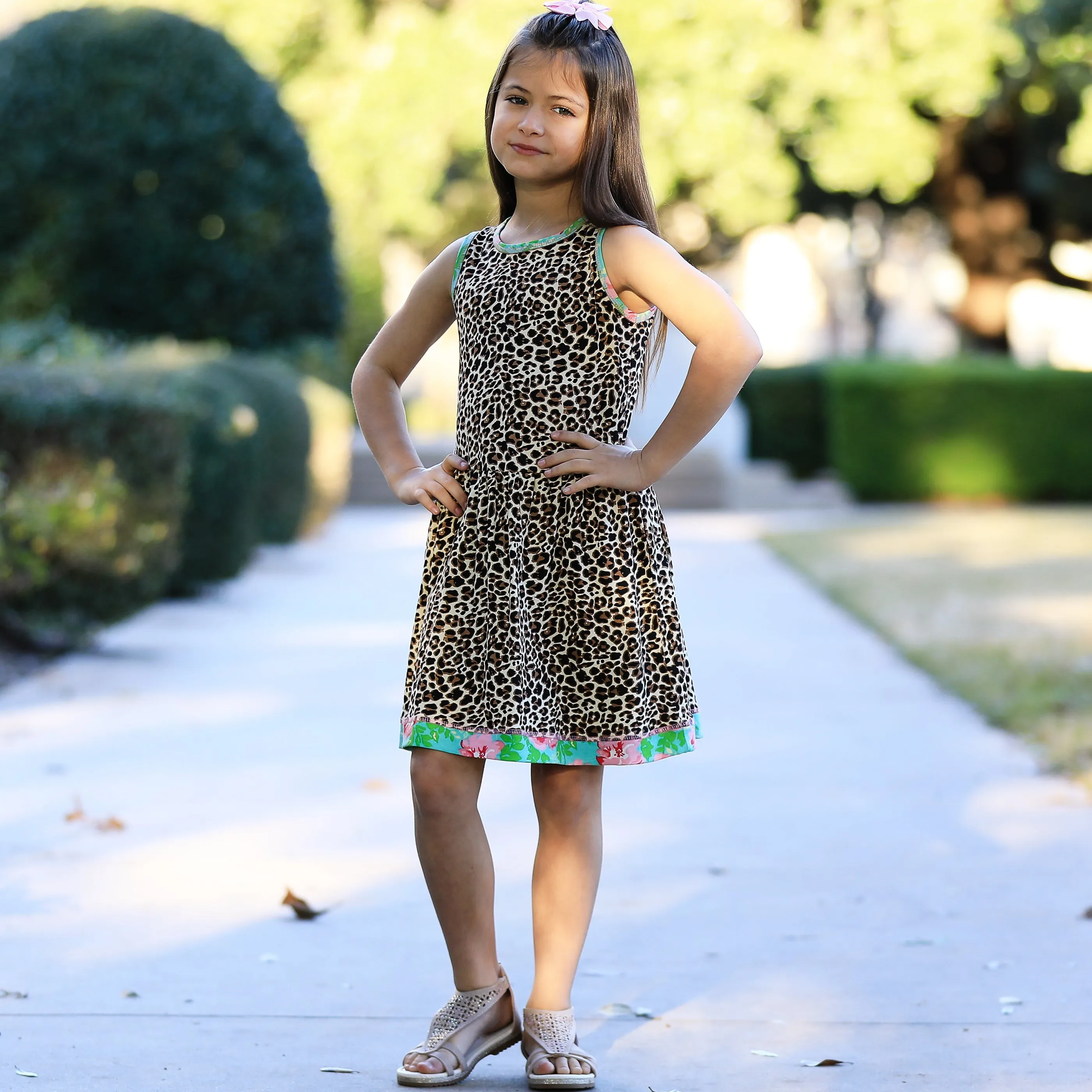 AnnLoren Little & Big Girls Spring Leopard Rose Floral Sleeveless Boutique Dress